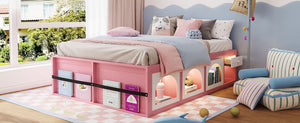 English Elm Queen Storage Platform Bed with Led Lighting Bookshelf Display Cabinet and Pull-out Drawer Pink+White N820S00078H