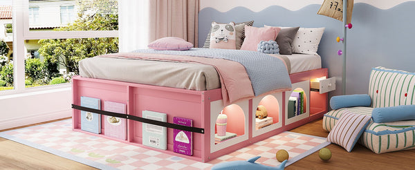 English Elm Queen Storage Platform Bed with Led Lighting Bookshelf Display Cabinet and Pull-out Drawer Pink+White N820S00078H