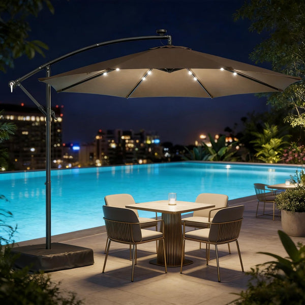 English Elm Garden Cantilever Patio Umbrella with Solar Led Lights and Upf30 Polyester Canopy Tan T3971P481990