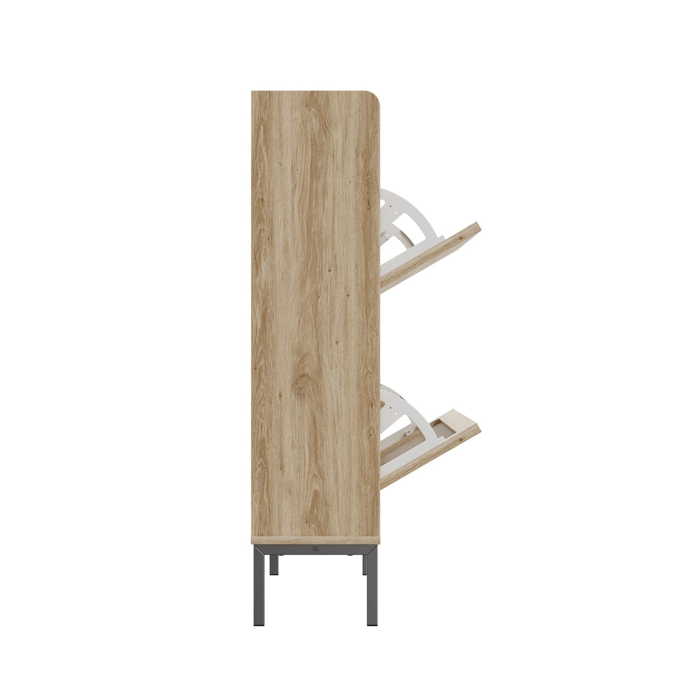 English Elm Fluted,2 Teak & Black Flip Shoe Cabinet with Fenced-Element Doors, Compact Multi-Layer Entryway Storage Solution W2673P209455
