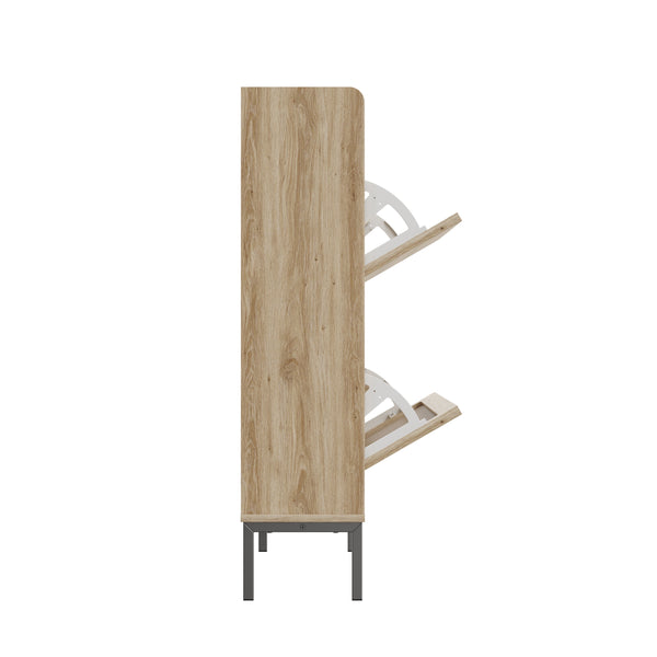 English Elm Fluted,2 Teak & Black Flip Shoe Cabinet with Fenced-Element Doors, Compact Multi-Layer Entryway Storage Solution W2673P209455