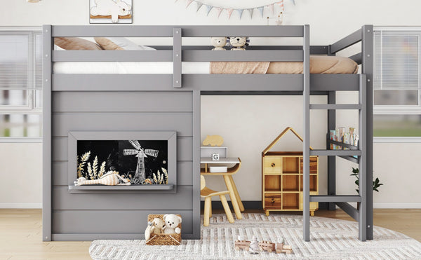 English Elm Twin Loft Bed House Frame with Sliding Chalkboard Built-in Bookshelf and Safety Rails Gray W1580S00320