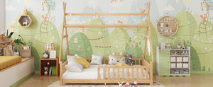 English Elm Full House Kids House Bed with Roof & Fence, Low Floor Solid Pine Frame, Stylish Nightlight Ready Natural 80.91 L x 15.55 W x 6.5 H W2593P296922