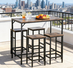 English Elm 5-piece Industrial Bar Set with Rustic Tabletop and Steel Frame for Space Saving Kitchens T3971P429595