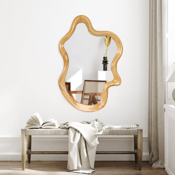 English Elm 33.46" Irregular Wall Mirror with Natural Wood Frame — Organic Flowing Shape, Clear Reflection, Easy Mounting W2295P365037