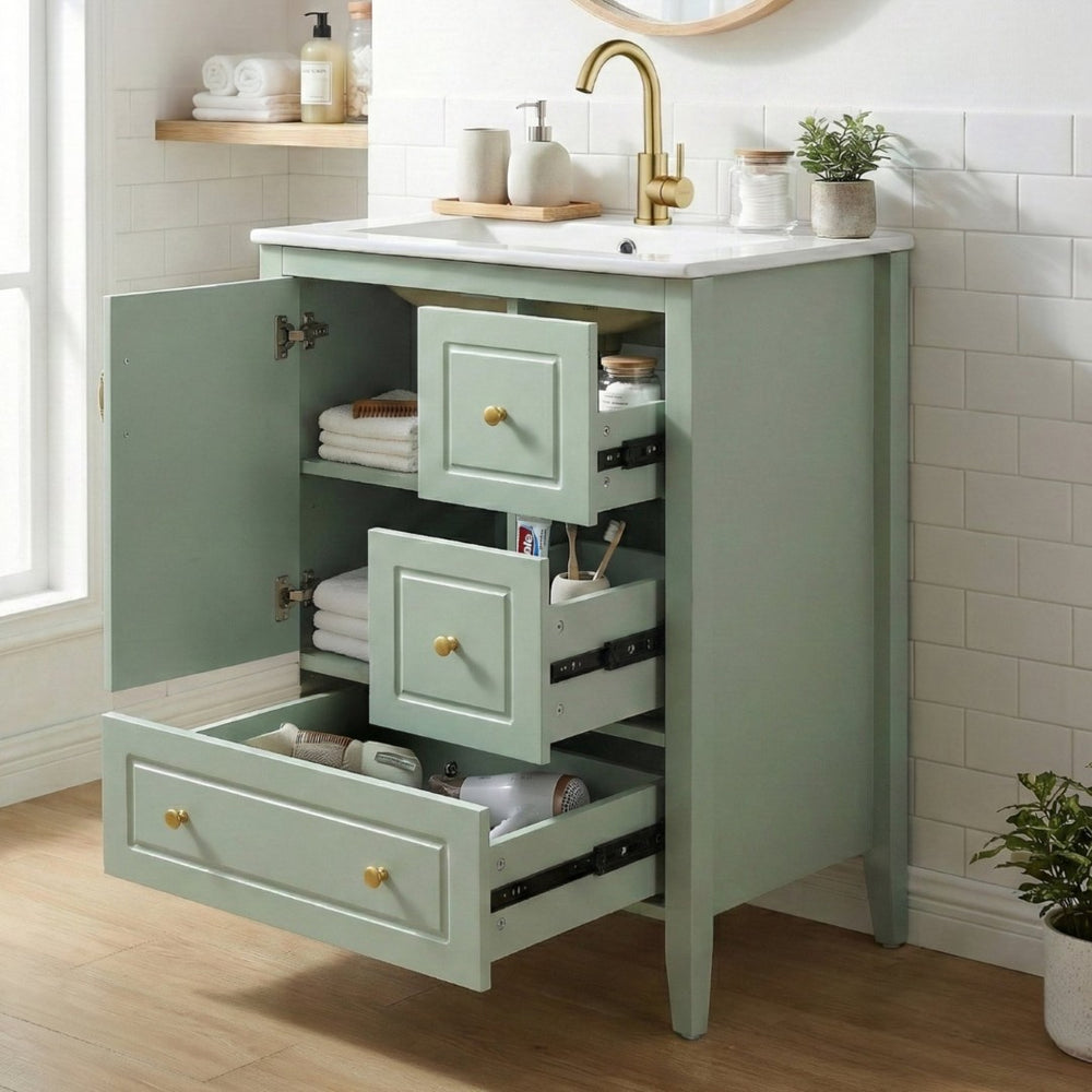 English Elm [video] 24 Inch Farmhouse Bathroom Vanity with Sink Pine Wood Mdf Soft Close Storage N759P415299G