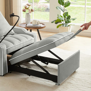 English Elm Sleeper Sofa Chair Velvet Convertible Armchair with Usb Charging for Small Spaces Gray W1359P458676
