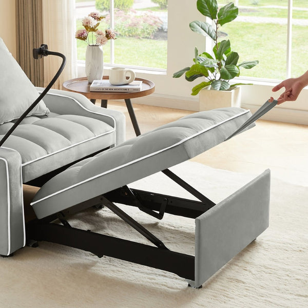 English Elm Sleeper Sofa Chair Velvet Convertible Armchair with Usb Charging for Small Spaces Gray W1359P458676
