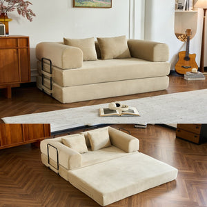 English Elm 59'' Corduroy Convertible Floor Sofa Sleeper with Bolster Pillow for Small Spaces Beige W3434P406618