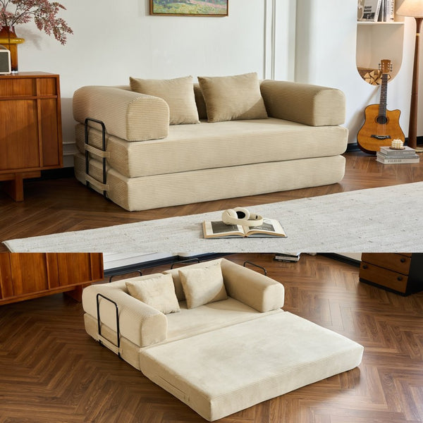 English Elm 59'' Corduroy Convertible Floor Sofa Sleeper with Bolster Pillow for Small Spaces Beige W3434P406618