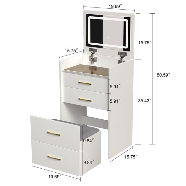 English Elm 3 3 in 1 Vanity Desk with Glass Top, Flip-Top Jewelry Organizer, Hidden Storage & Plush Bench W509P238992