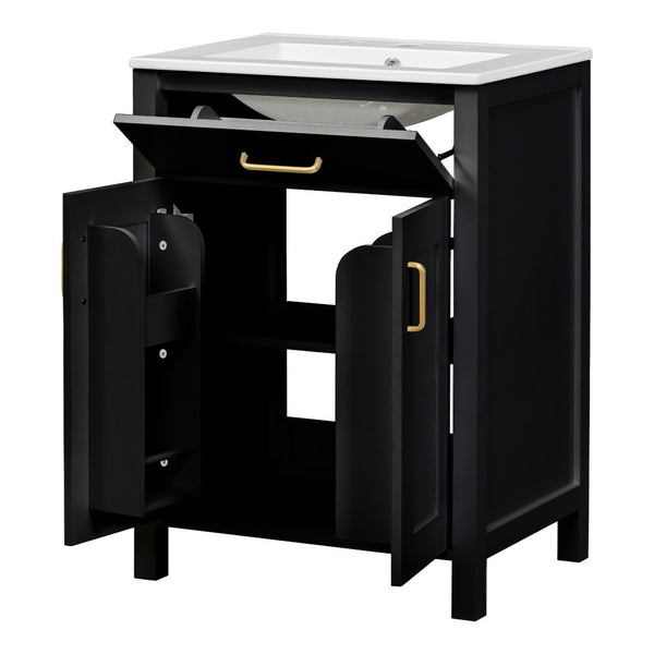 English Elm Modern 48 Inch Freestanding Bathroom Vanity Dual Ceramic Sinks Soft Close Gold Handles Black N729P000008B