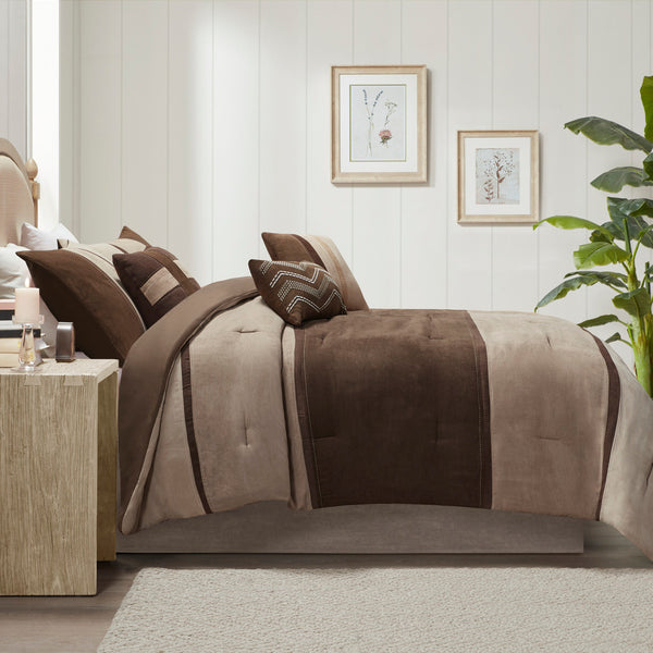 English Elm 7 Piece Palisades Comforter Set Queen - Plush Microsuede Patchwork, Hypoallergenic Fill, Machine Washable Brown 23.6 L x 19.69 W x 16.93 H B03596968