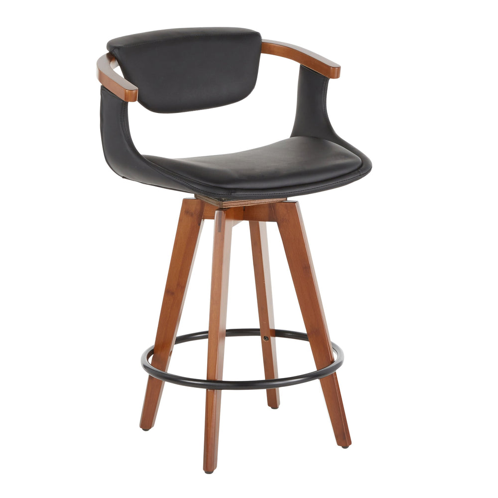 English Elm Oracle Mid-Century Counter Stool with Walnut Bamboo Frame, Faux Leather Upholstery, 360° Swivel Black B202P222092