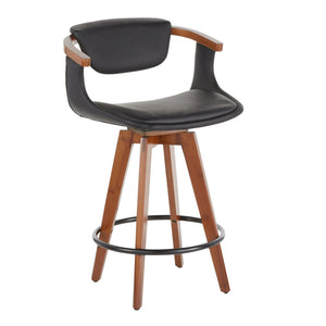 English Elm Oracle Mid-Century Counter Stool with Walnut Bamboo Frame, Faux Leather Upholstery, 360° Swivel Black B202P222092