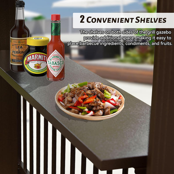 English Elm 6.5x12FT Hardtop Grill Gazebo – Sloped Galvanized Steel Roof, Sturdy Steel Frame, Dual Shelves & Hooks Brown W1859S00118