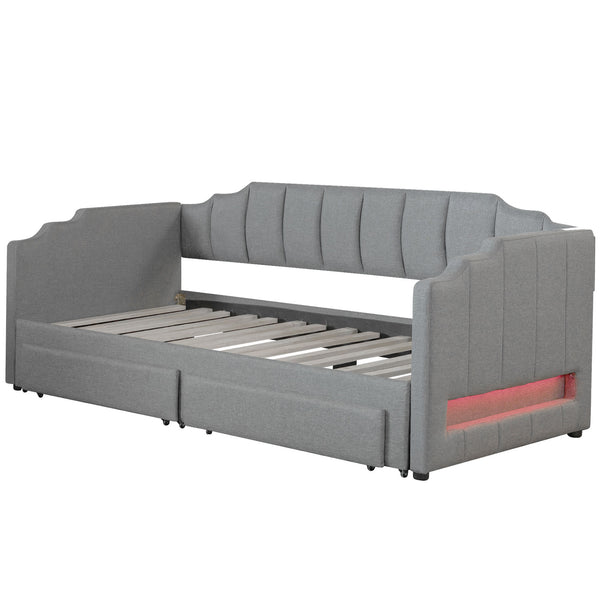 English Elm Twin Extendable Upholstered Daybed with Two Storage Drawers, LED Light, Slat Kit Included for Guests Gray N7500002061E