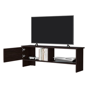 English Elm Stained Walnut Entertainment Center with Door and Open Shelves, Two-Shelf Media Console for Living Room Organizer B062P290232
