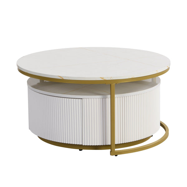 English Elm Modern Round Nesting Coffee Table Fluted with Drawer in Gold Finish — Elegant MDF Top, Space-Saving Design White N735P254992K