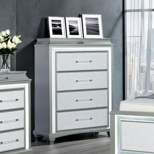 English Elm Glamour Metallic Gray 5-Drawer Chest 40"W x 54"H Glamorous Acrylic Trim LED Handles Modern Bedroom B2741P396695