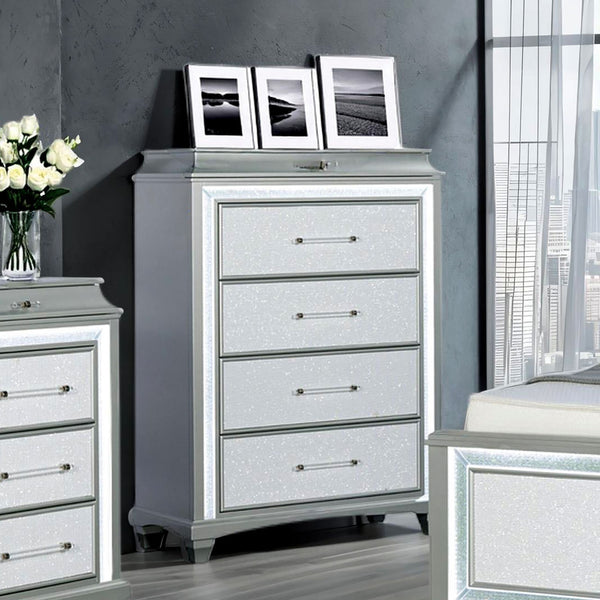English Elm Glamour Metallic Gray 5-Drawer Chest 40"W x 54"H Glamorous Acrylic Trim LED Handles Modern Bedroom B2741P396695