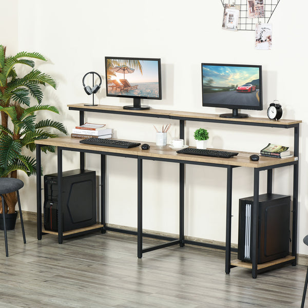English Elm HOMCOM Extra Long 78.75" Double Computer Desk for Two with Monitor Shelves, CPU Stand, Industrial Tan W2225P217264