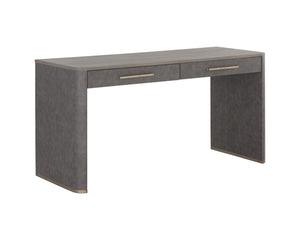 Sunpan Altman Retro-Inspired Desk with Soft-Closing Drawers and Dark Grey Oak Veneer Top for Stylish Offices