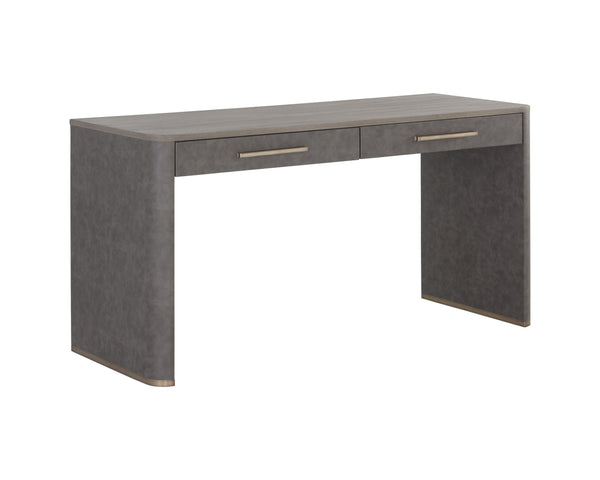 Sunpan Altman Retro-Inspired Desk with Soft-Closing Drawers and Dark Grey Oak Veneer Top for Stylish Offices