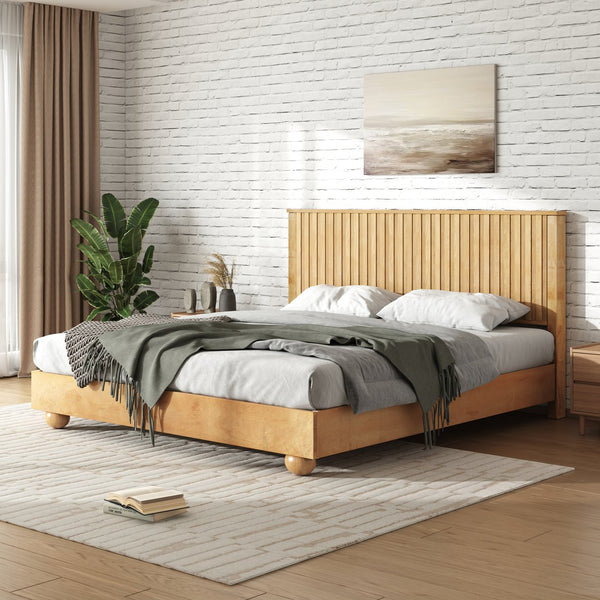 English Elm Christopher Knight Home® - Natural Queen Size Wood Bed Frame with Slatted Headboard, Rattan Breathable Design & Sturdy Metal Base N758Q640607N