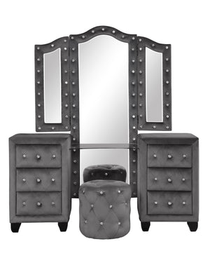 English Elm Encore 4Pc Contemporary Gray Tufted Vanity Bedroom Set With Queen Bed, Dresser, Mirror & Nightstand B009S01728