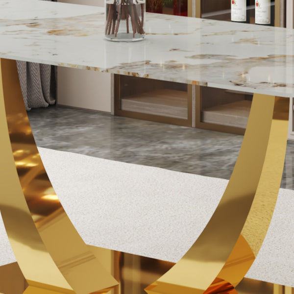 English Elm Modern Glass Dining Table with Gold V-shaped Steel Base Seats Six for Elegant Spaces W2827S00026