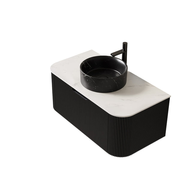English Elm Dina Floating Bathroom Vanity Sintered Stone Top Glass Basin Striped Plywood Cabinet Black,Carrara White W2615S00705
