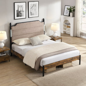English Elm Queen Platform Bed Lamb Fleece Headboard Led Lighting Usb Charging Under Storage W311P416228