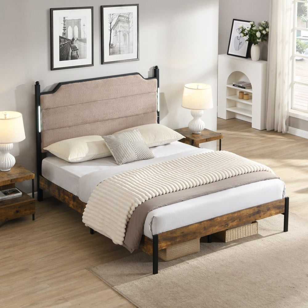 English Elm Queen Platform Bed Lamb Fleece Headboard Led Lighting Usb Charging Under Storage W311P416222