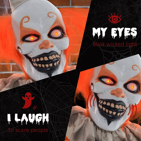 English Elm Orange Haired Animatronic Clown Six Foot Halloween Prop with Glowing Eyes and Motion Sensor T3971P382500