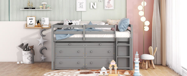 English Elm Full Size Kids Loft Bed Pinewood Frame Dual Study Desks Drawers and Open Shelving Gray LT000369AAE