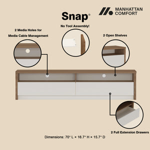 English Elm Duncan 70" TV Stand with Hidden Storage and Cable Management, Handle-Free Drawers, Easy Assembly Brown+White B365S00125