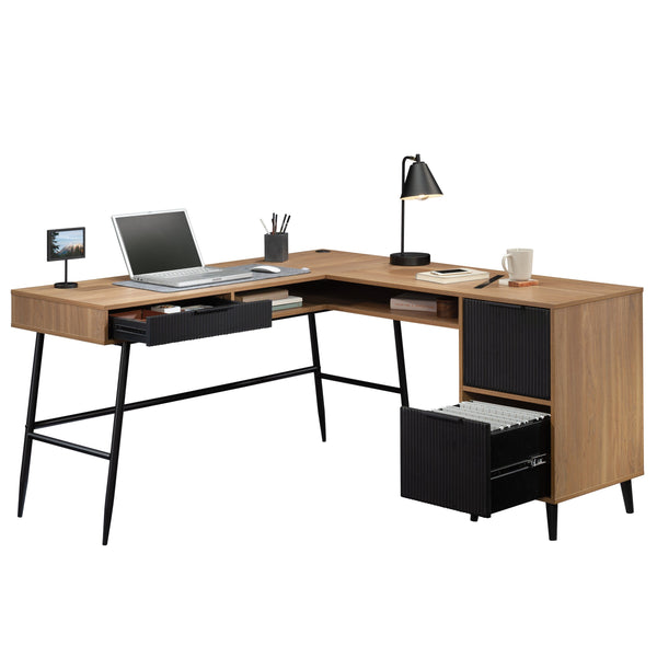 English Elm L-Shaped Desk In Warm Brown Finish - Spacious Workspace With Storage, Cable Management & Style B356P367775
