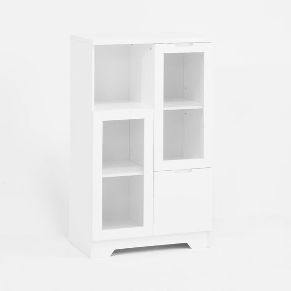 English Elm MDF Painted Storage Cabinet with Glass Doors, Drawer & Open Shelves, White Modern Buffet for Home W409P171460