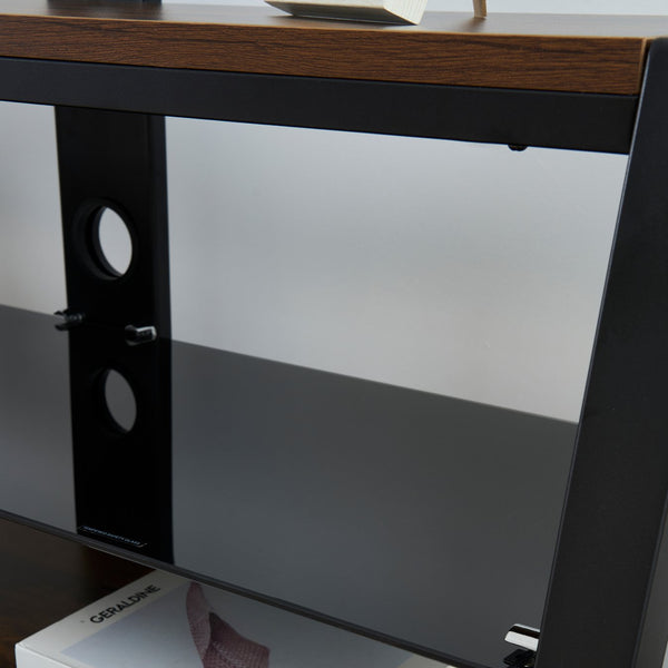 English Elm Wooden Tempered Glass TV Stand with Swivel Mount, 3-Tier Storage, Height Adjustable, Cable Management Acacia Wood W241P300329