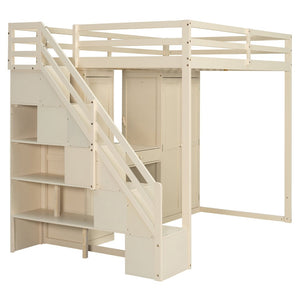 English Elm Full Size Loft Bed with Wardrobe Dressing Mirror Usb Ports and Teen Room Storage LT000276AAA