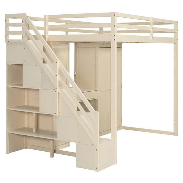 English Elm Full Size Loft Bed with Wardrobe Dressing Mirror Usb Ports and Teen Room Storage LT000276AAA