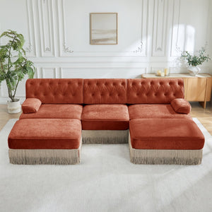 English Elm U Shaped Velvet Chesterfield Sectional with Tufting Tassel Fringe Skirt Modular Living Room Sofa Red+Brown W714S01724