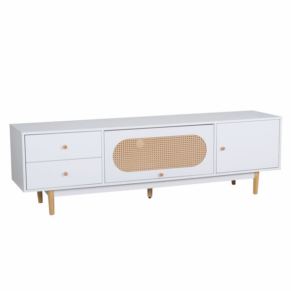 English Elm 70 Modern TV Stand for TVs up to 80" with Rattan Accents, Smooth Drawers, Flip-Up Storage, Durable Design White N710P339470W