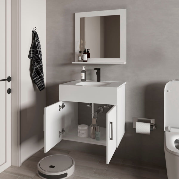 English Elm White Floating 2-Door Bathroom Vanity Set with Sink & Mirror – Bright White Finish, Space-Saving Storage B062P355539