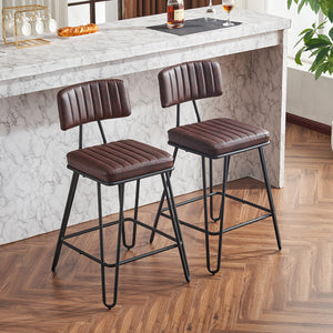 English Elm Industrial Bar Stools Set of 2 — Counter Height PU Leather Seats, Sturdy Metal Frame, Ergonomic Backrest and Footrest for Kitchen Island and Home Bar Brown W1901P264279