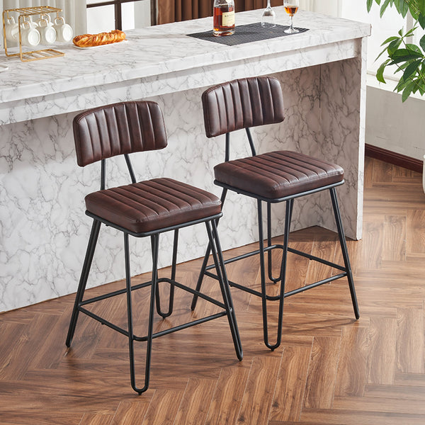 English Elm Industrial Bar Stools Set of 2 — Counter Height PU Leather Seats, Sturdy Metal Frame, Ergonomic Backrest and Footrest for Kitchen Island and Home Bar Brown W1901P264279
