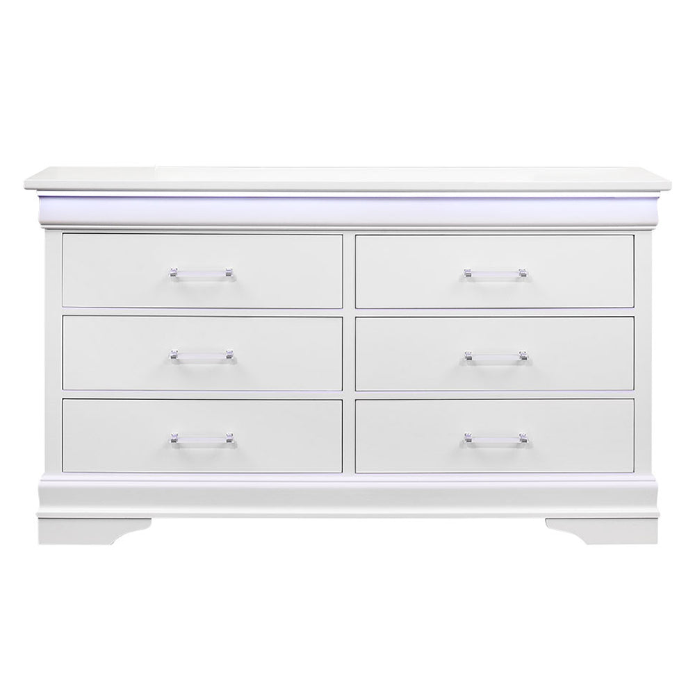 English Elm CHARLSTON Solid Wood 5-Drawer Chest with Built-In LED Lighting, Spacious Transitional Bedroom Storage White 62.4 L x 19.49 W x 37.01 H B201P215711