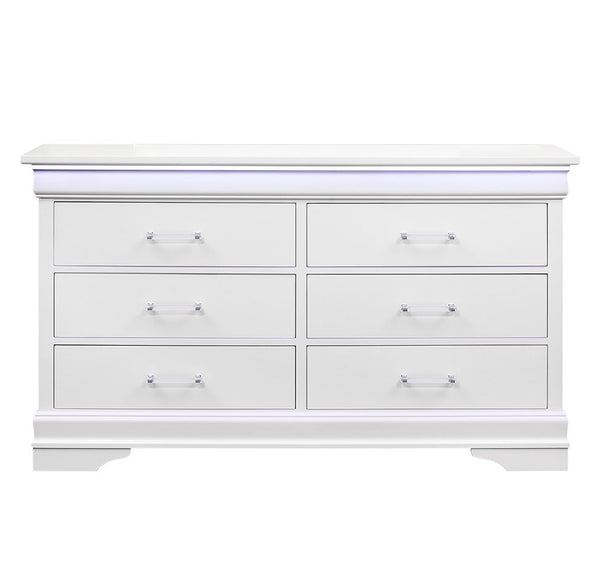 English Elm CHARLSTON Solid Wood 5-Drawer Chest with Built-In LED Lighting, Spacious Transitional Bedroom Storage White 62.4 L x 19.49 W x 37.01 H B201P215711