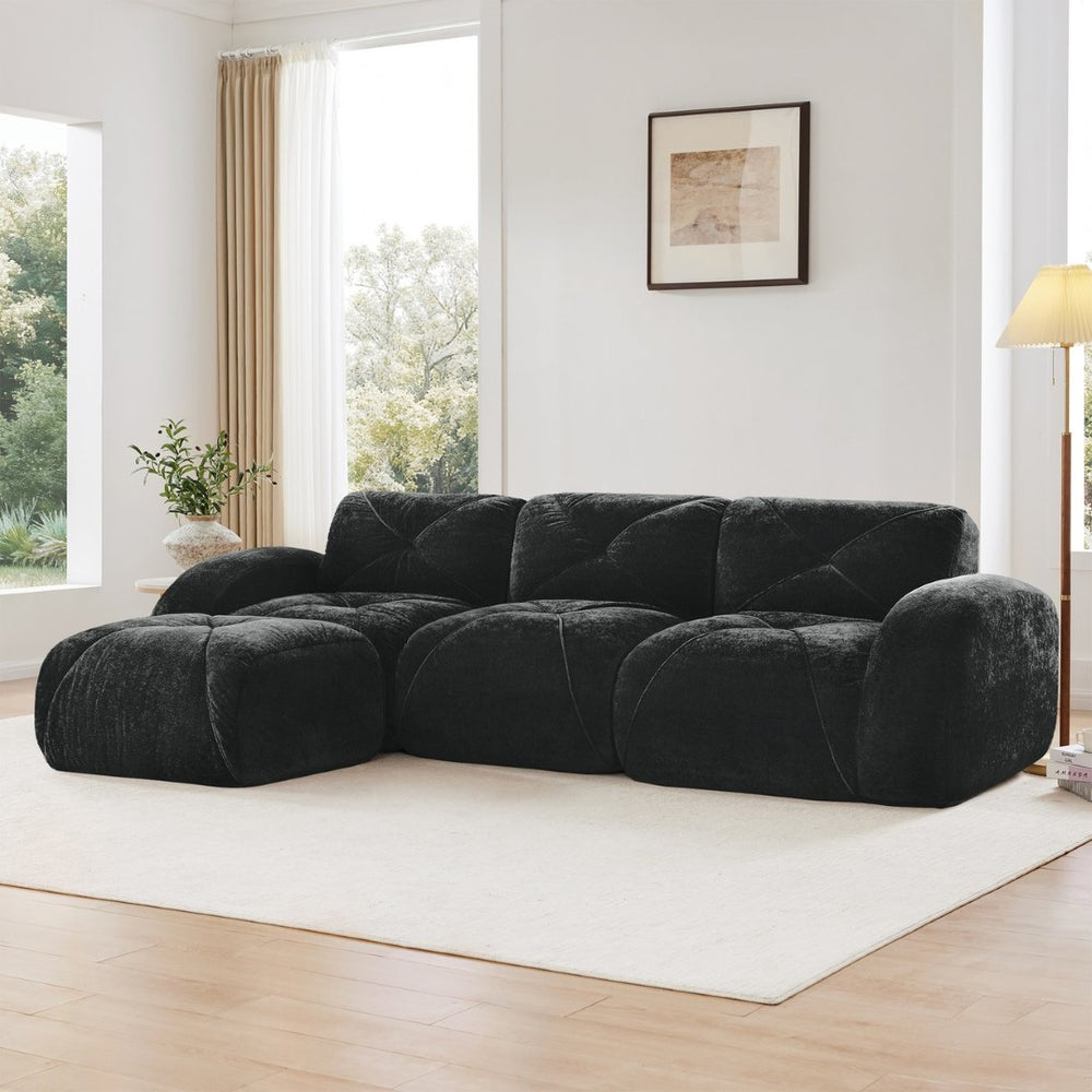English Elm L-shaped Velvet Sectional Sofa Tufted Modular Seating with Ottoman for Living Room Black W714S01627